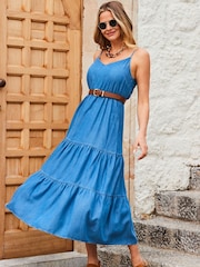 Sosandar Blue Denim Tiered Midi Dress - Image 3 of 4
