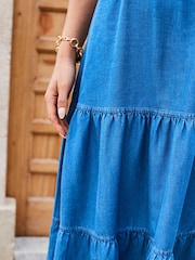 Sosandar Blue Denim Tiered Midi Dress - Image 4 of 4