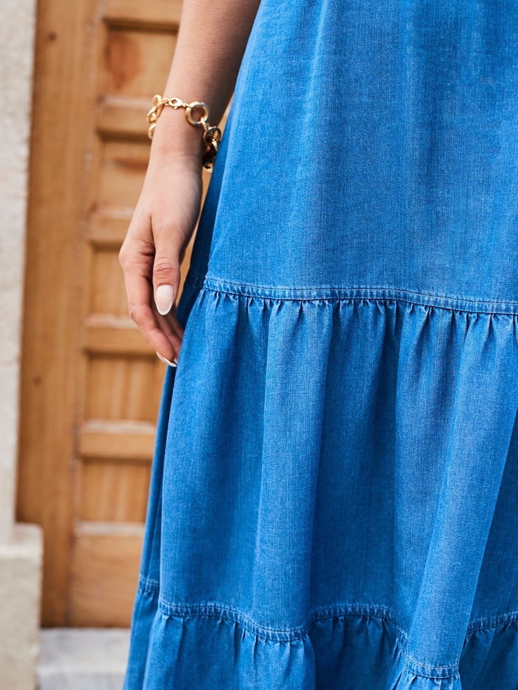 Sosandar Blue Denim Tiered Midi Dress - Image 4 of 4