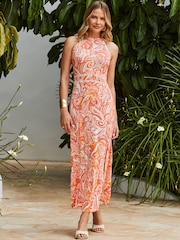 Sosandar Orange Paisley Print Halter Neck Jersey Maxi Dress - Image 5 of 6
