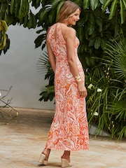 Sosandar Orange Paisley Print Halter Neck Jersey Maxi Dress - Image 6 of 6