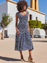 Sosandar Blue Spot Print Fit And Flare Bardot Jersey Dress - Image 1 of 5