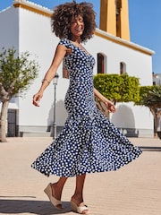 Sosandar Blue Spot Print Fit And Flare Bardot Jersey Dress - Image 2 of 5