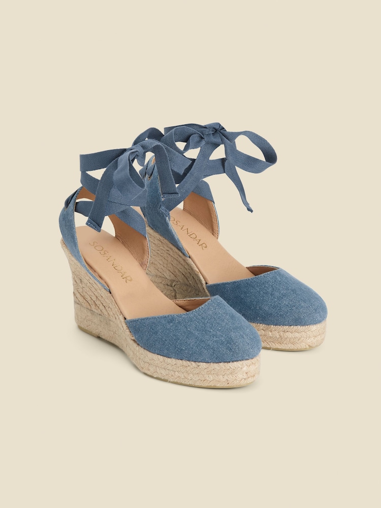 Sosandar Blue 100% Cotton Denim Ankle Tie Wedge Espadrilles - Image 2 of 5