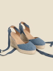 Sosandar Blue 100% Cotton Denim Ankle Tie Wedge Espadrilles - Image 3 of 5
