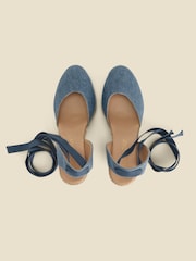 Sosandar Blue 100% Cotton Denim Ankle Tie Wedge Espadrilles - Image 4 of 5
