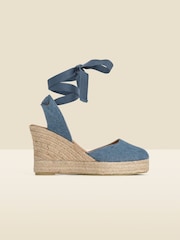 Sosandar Blue 100% Cotton Denim Ankle Tie Wedge Espadrilles - Image 5 of 5