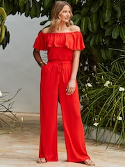 Sosandar Red Crinkle Wide Leg Trousers - Image 3 of 6
