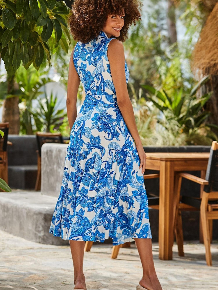 Sosandar Blue Paisley Print Jersey Midi Shirt Dress With Belt - Image 5 of 6