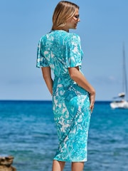 Sosandar Blue Paisley Print Faux Wrap Angel Sleeve Jersey Midi Dress - Image 5 of 6
