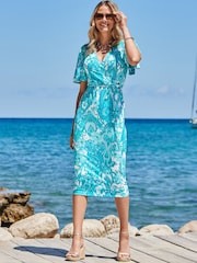 Sosandar Blue Paisley Print Faux Wrap Angel Sleeve Jersey Midi Dress - Image 6 of 6