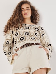 Apricot Brown Crochet Pentagon Bell Sleeve Top - Image 1 of 5