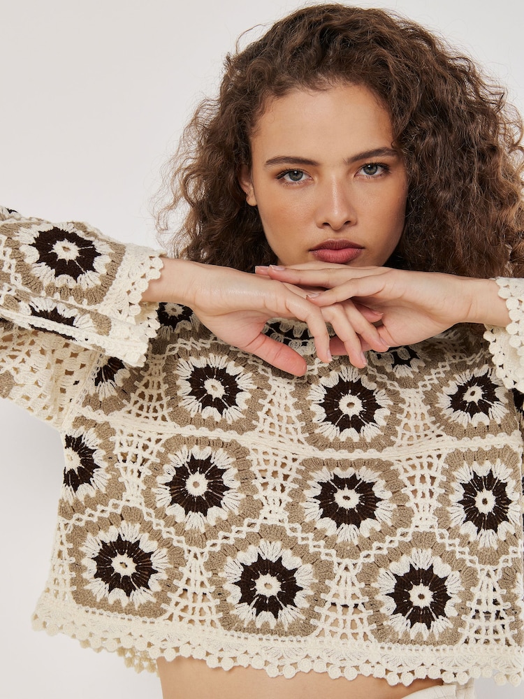 Apricot Brown Crochet Pentagon Bell Sleeve Top - Image 2 of 5