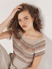 Apricot Pink Hand Knitted Crochet Stripes Top - Image 1 of 4