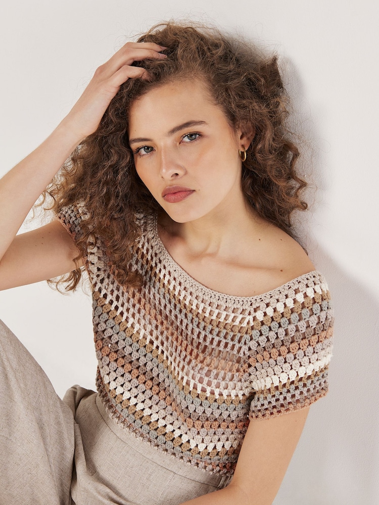 Apricot Pink Hand Knitted Crochet Stripes Top - Image 1 of 4