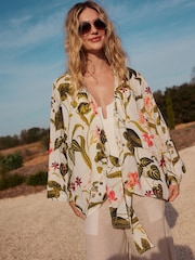 White/Coral 100% Cotton Tie Cover-Up - Image 1 of 9