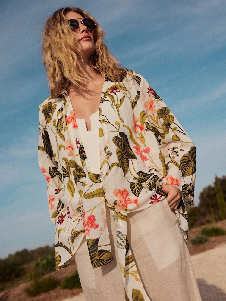 White/Coral 100% Cotton Tie Cover-Up - Image 2 of 9