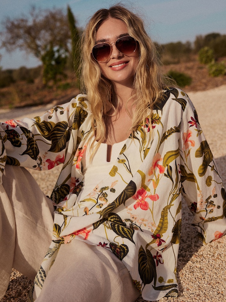 White/Coral 100% Cotton Tie Cover-Up - Image 4 of 9