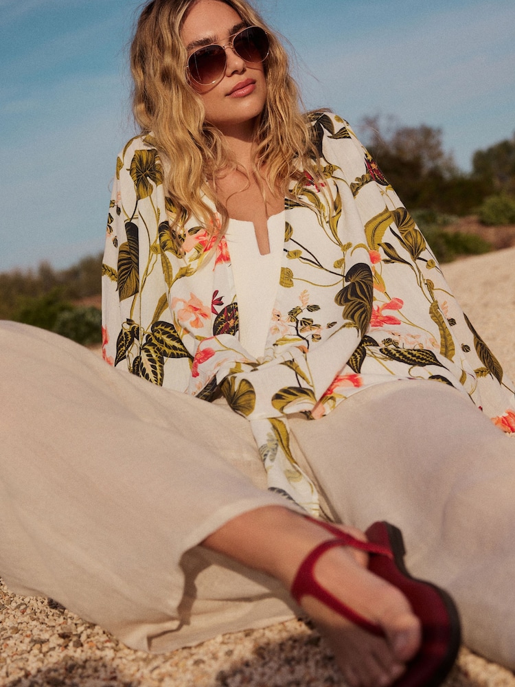 White/Coral 100% Cotton Tie Cover-Up - Image 5 of 9