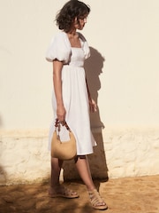 White Puff Sleeve Off Shoulder Midi Dress - Image 3 of 11