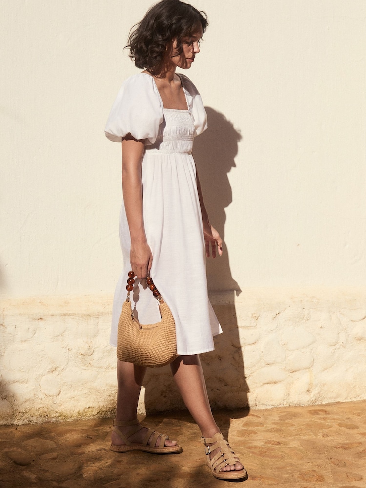 White Puff Sleeve Off Shoulder Midi Dress - Image 3 of 11