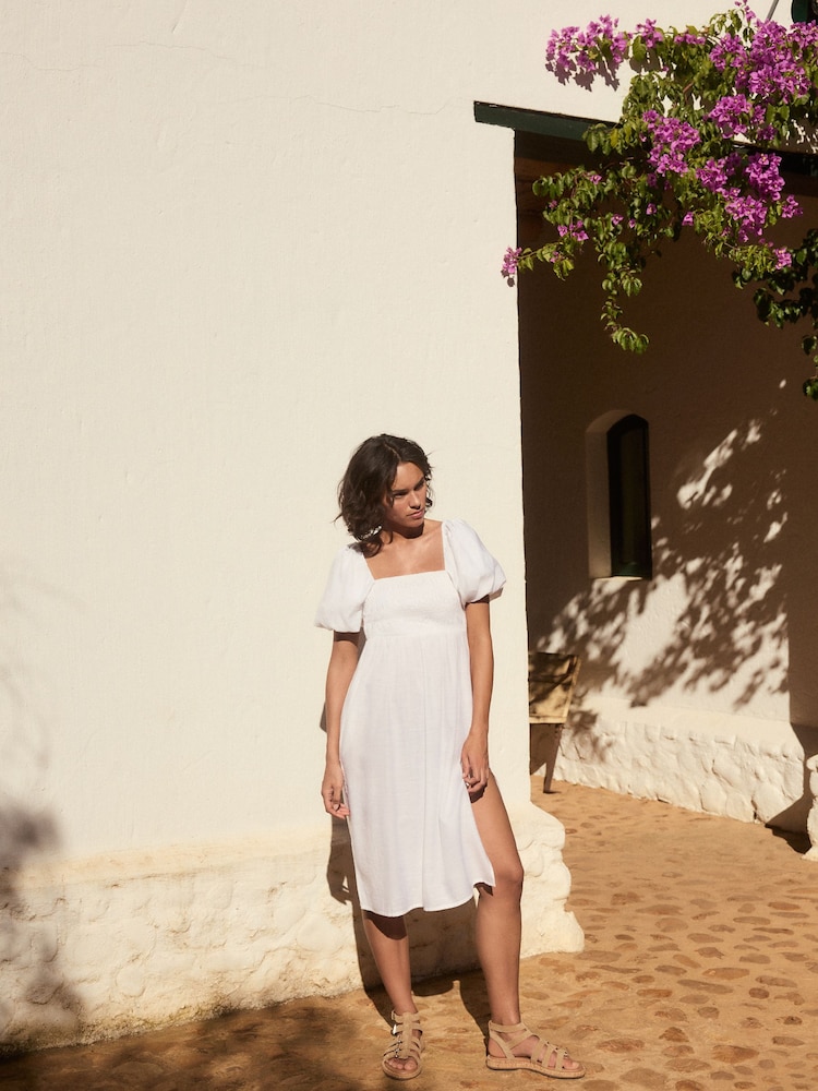 White Puff Sleeve Off Shoulder Midi Dress - Image 4 of 11