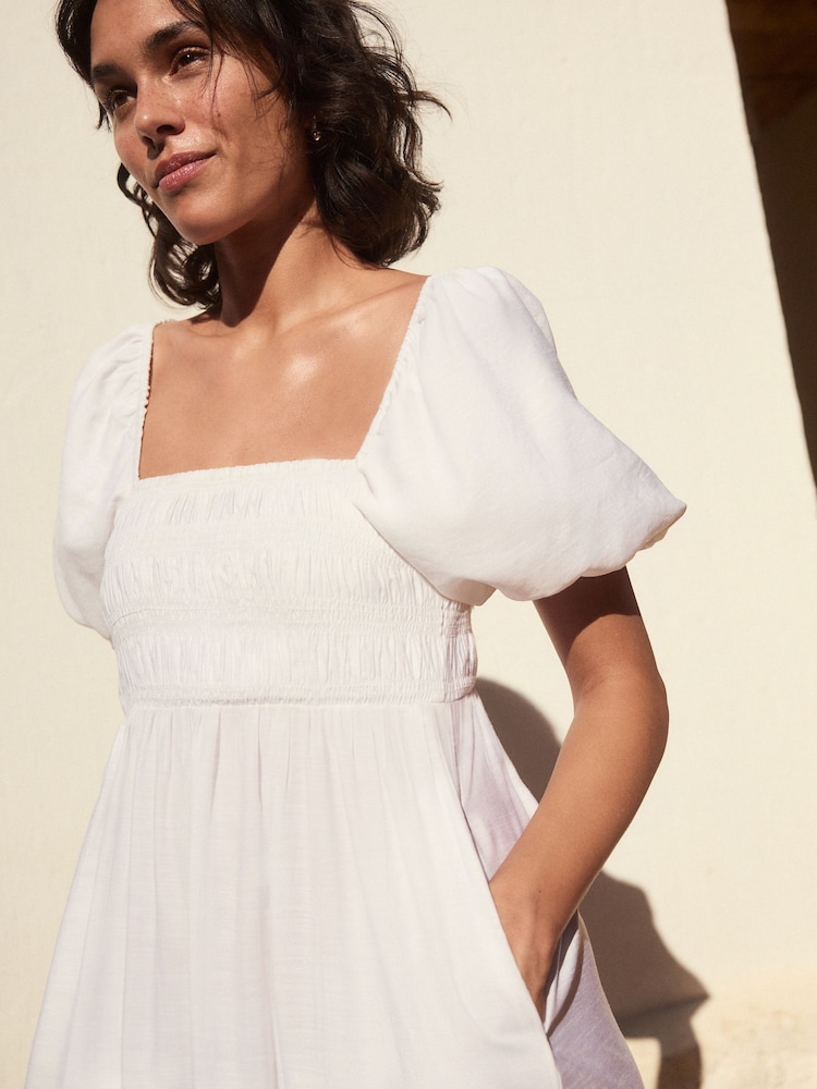 White Puff Sleeve Off Shoulder Midi Dress - Image 6 of 11
