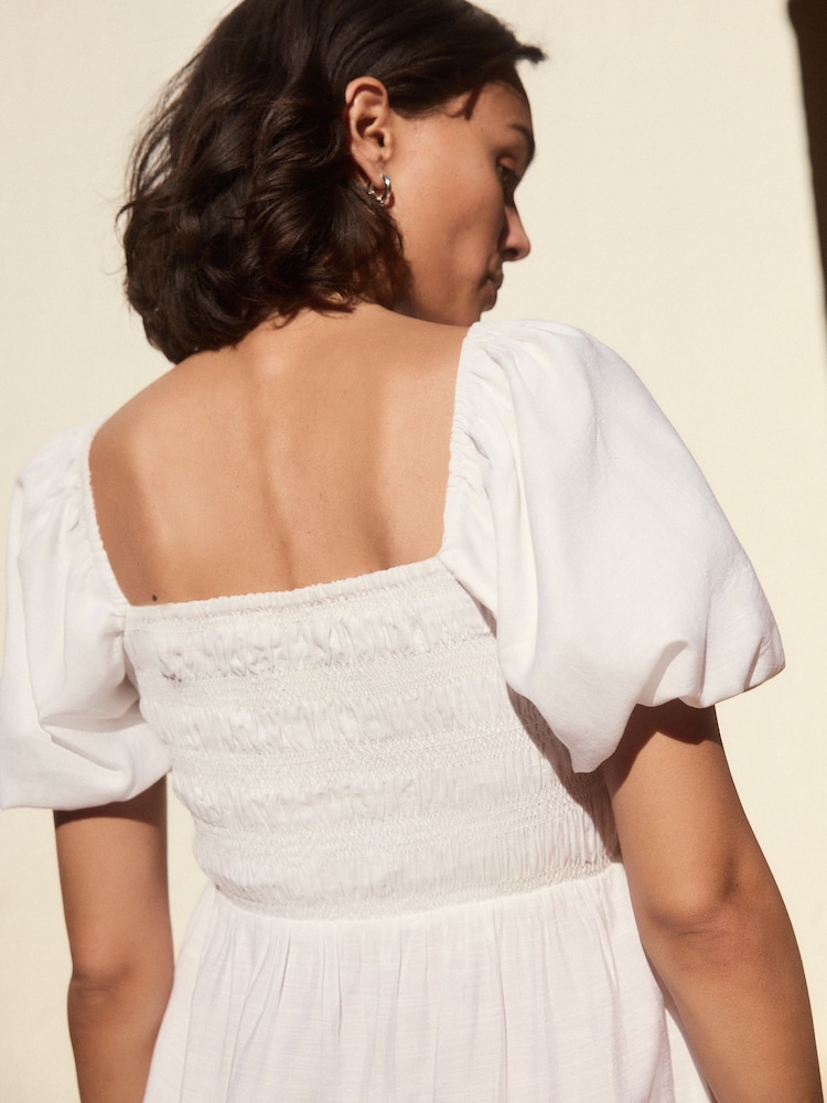 White Puff Sleeve Off Shoulder Midi Dress - Image 7 of 11