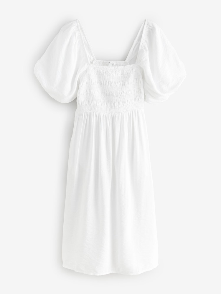 White Puff Sleeve Off Shoulder Midi Dress - Image 9 of 11