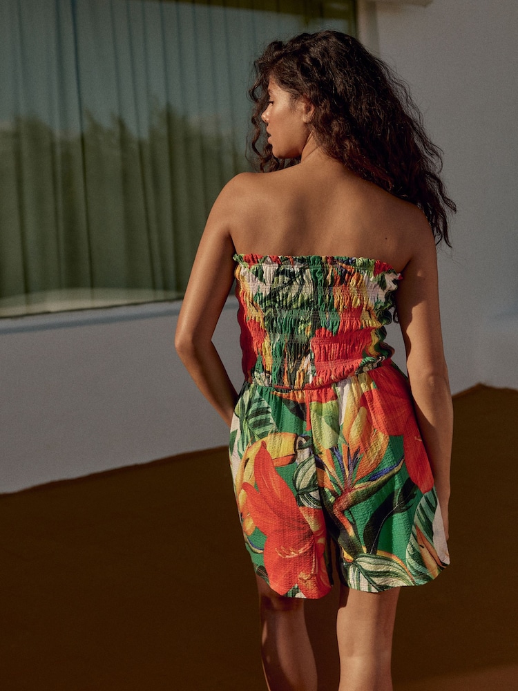 Red/Green Bandeau Shirred 100% Cotton Playsuit - Image 4 of 8