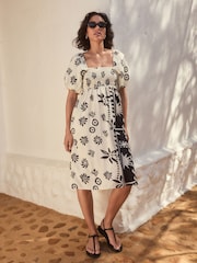 Monochrome Puff Sleeve Off Shoulder Midi Dress - Image 1 of 5