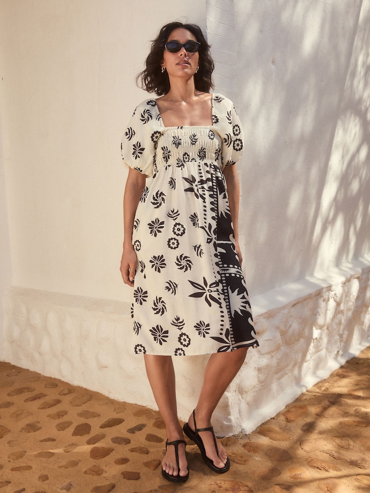 Monochrome Puff Sleeve Off Shoulder Midi Dress - Image 1 of 5