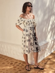 Monochrome Puff Sleeve Off Shoulder Midi Dress - Image 2 of 5