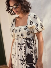 Monochrome Puff Sleeve Off Shoulder Midi Dress - Image 4 of 5