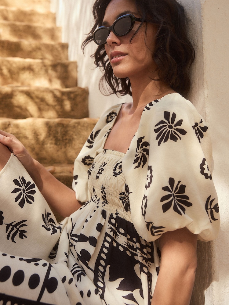 Monochrome Puff Sleeve Off Shoulder Midi Dress - Image 5 of 5