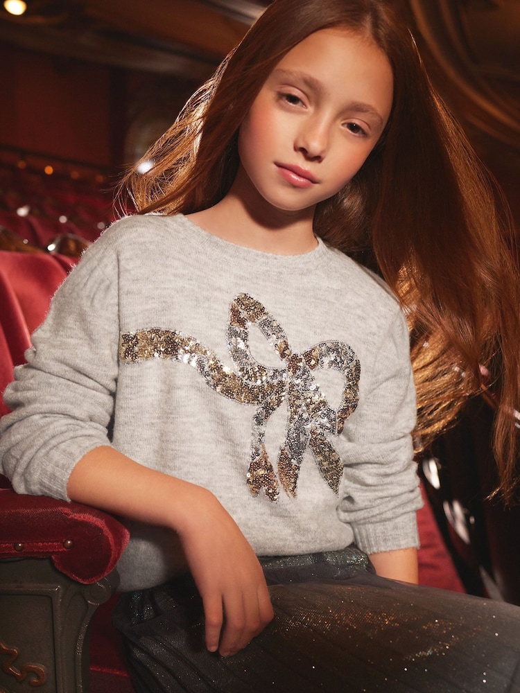 Love & Roses Grey Sequin Bow Jumper (5-16yrs) - Image 1 of 4