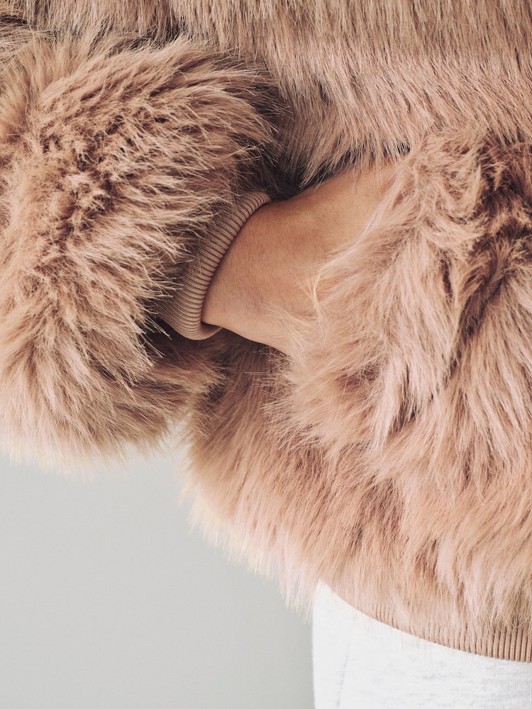 Camel Faux Fur Bomber Jacket - Image 4 of 6