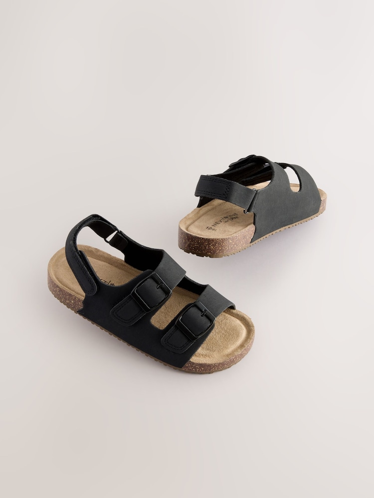 Black Wide Fit (G) Double Buckle Cushioned Footbed Sandals - Image 1 of 5