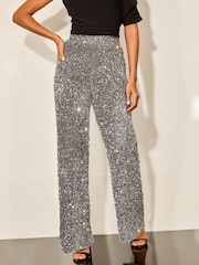 Lipsy Silver Petite Sequin Wide Leg Trousers - Image 2 of 4