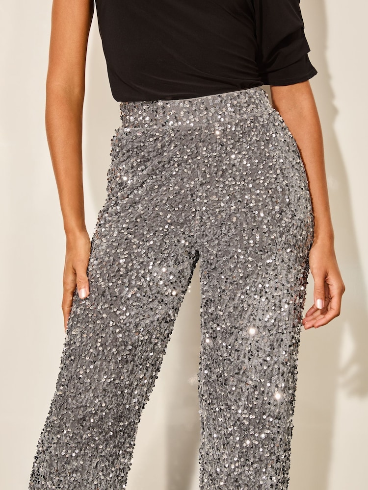 Lipsy Silver Petite Sequin Wide Leg Trousers - Image 4 of 4 Lipsy Silver Petite Sequin Wide Leg Trousers - Image 4 of 4