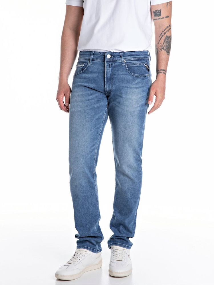Replay Medium Blue Straight Fit Grover Comfort Stretch Jeans - Image 1 of 3 Replay Medium Blue Straight Fit Grover Comfort Stretch Jeans - Image 1 of 3