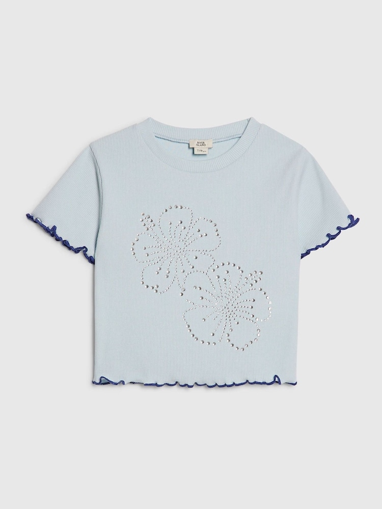 River Island Blue Hotfix Flower Lettuce T-Shirt - Image 1 of 4
