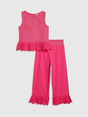 River Island Pink Shirred Frill Top & Trousers Set - Image 1 of 5