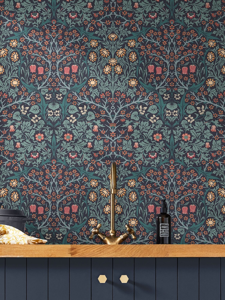 William Morris At Home Navy Blackthorn A4 Wallpaper Sample - Image 1 of 4