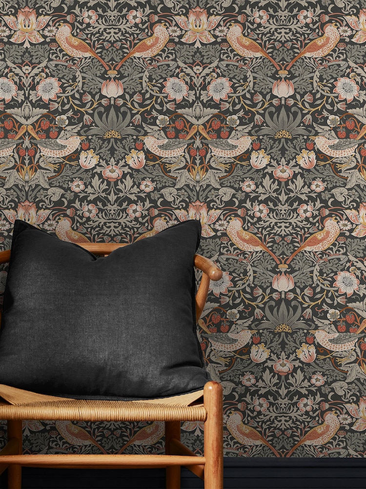 William Morris At Home Charcoal Strawberry Thief A4 Wallpaper Sample - Image 1 of 4