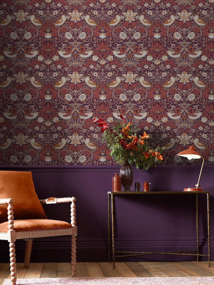 William Morris At Home Plum Strawberry Thief A4 Wallpaper Sample - Image 1 of 4