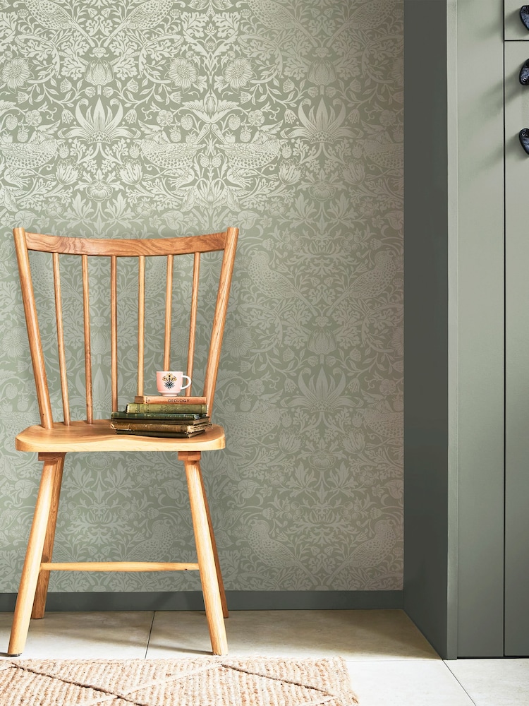 William Morris At Home Sage Strawberry Thief Fibrous Sage A4 Wallpaper Sample - Image 1 of 4