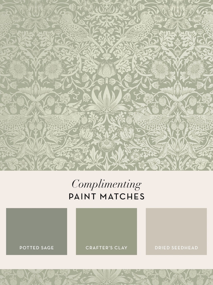 William Morris At Home Sage Strawberry Thief Fibrous Sage A4 Wallpaper Sample - Image 4 of 4