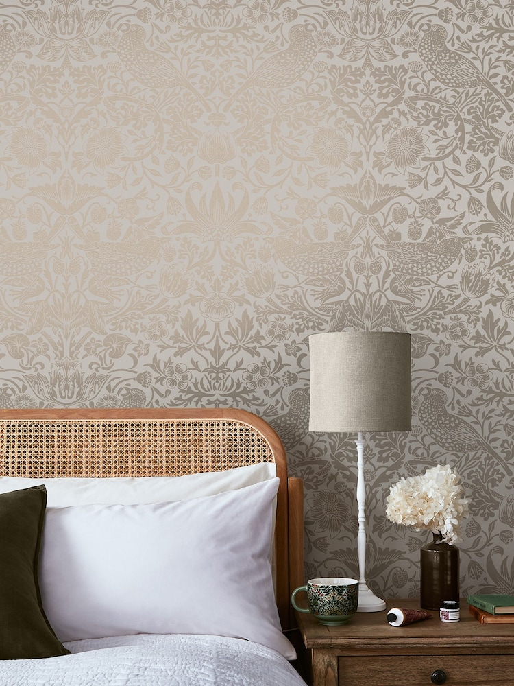 William Morris At Home Neutral Strawberry Thief Fibrous A4 Wallpaper Sample - Image 1 of 4