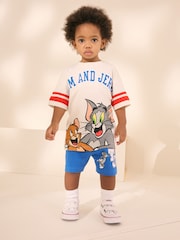 Ecru/Blue Tom and Jerry Short Sleeve Back Print 100% Cotton T-Shirt and Shorts Set (3mths-8yrs) - Image 1 of 4